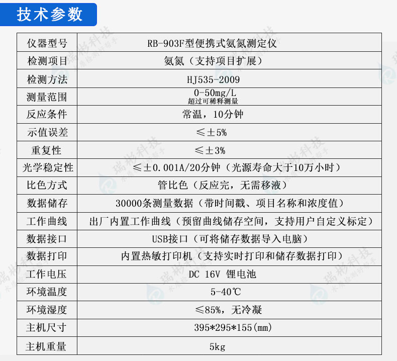 RB-903F型便攜式氨氮檢測(cè)儀|現(xiàn)場(chǎng)氨氮快速分析儀技術(shù)參數(shù)